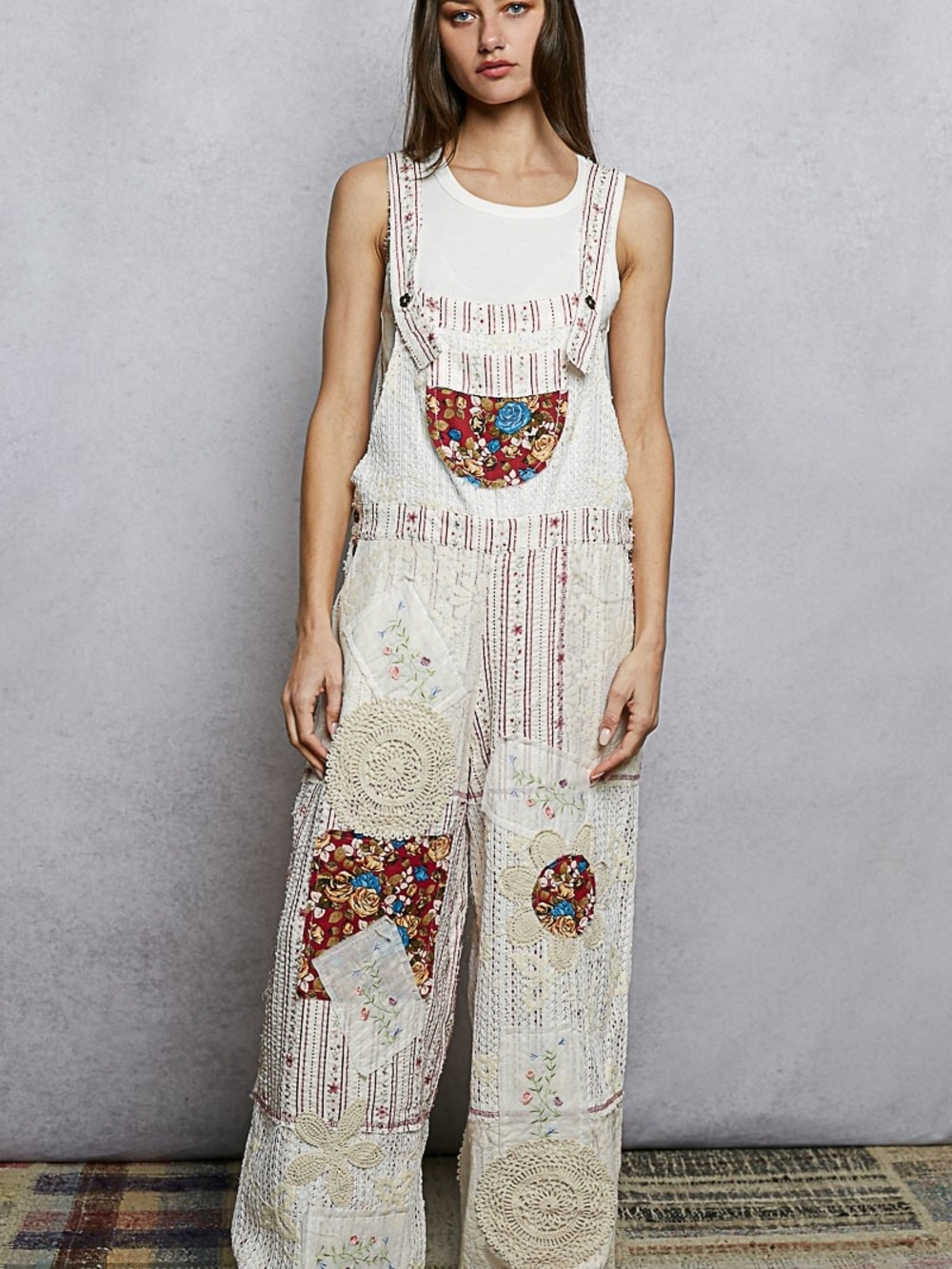 POL Boho Patchwork Crochet Overalls in Cream with Burgundy Floral Accents SM-LG